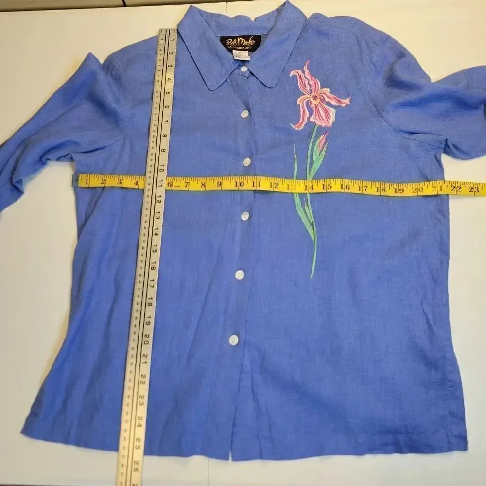 Bob Mackie Linen Blend Vintage Blue Embroidered Top and Matching Cropped Pants